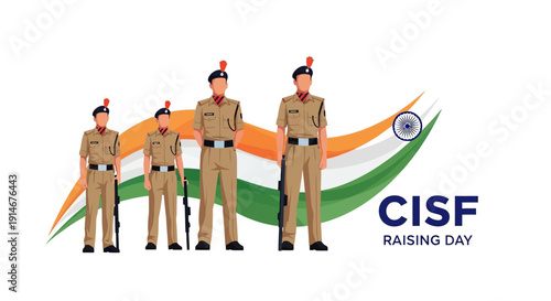Illustration of CISF soldiers standing proudly on CISF Raising Day with a National security theme, featuring the Indian flag and a globe, symbolizing sustainability and appreciation for the