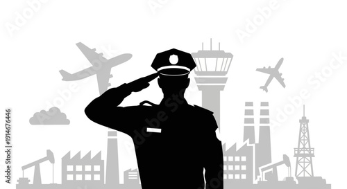 Illustration of a security officer saluting in front of a cityscape with airport and industrial elements, conveying national security and appreciation.