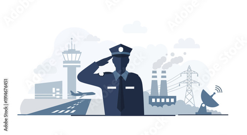 Vector illustration of a security officer saluting in front of industrial and airport facilities, symbolizing national security and CISF appreciation on a white background with shades of