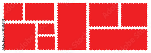 wavy rectangular frames scallop set red. Postage stamp borders.Set of red wavy edge frames. Rectangle shape frame with zigzag edge.Geometric zig zag wavy edge stickers, frames, shapes.Zig zag edge