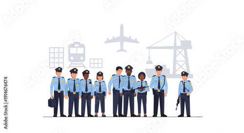 Illustration of CISF personnel in uniform standing together, representing National security theme on CISF Raising Day with a background of transportation and industrial icons, conveying