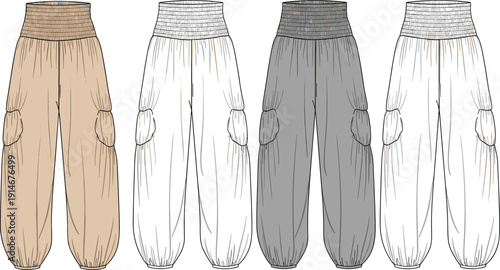 Technical flat fashion sketch of women's smocked waist, drop crotch harem pants with cargo pockets and elasticated cuffs, shown in multiple colorways.