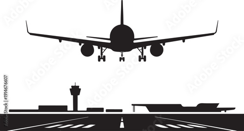 Airplane Landing on Runway with Control Tower black and white
