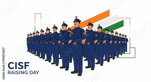 Illustration of Indian security forces in uniform celebrating CISF Raising Day with a National security theme, featuring a vector design of people in blue attire standing in formation with