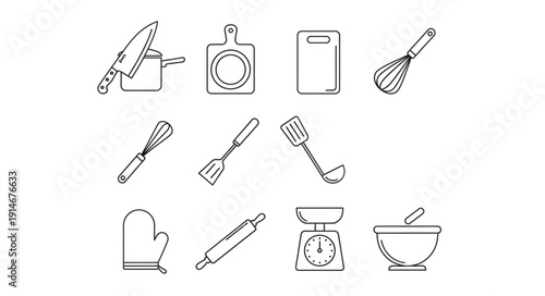 Collection of Hand Drawn Kitchen Utensils and Tools.