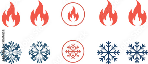 Fire and snowflake icon set, hot and cold temperature symbols collection with outline and filled styles isolated on light background