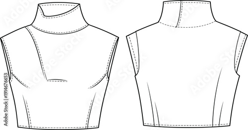 Sleeveless Cowl Neck Crop Top Fashion Technical Drawing Flat Sketch Template Asymmetrical Seam Detail and Fitted Silhouette, Isolated Vector.
