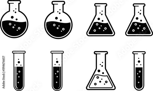 Laboratory glassware icon set with flasks and test tubes, chemistry experiment equipment symbols isolated on light background vector illustration