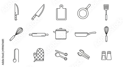 Collection of Hand Drawn Kitchen Utensils and Tools.
