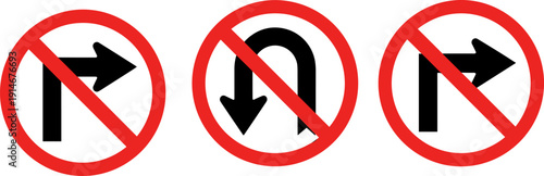 No right turn and no U turn traffic sign set, red prohibition road symbols isolated on light background vector illustration