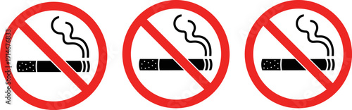 No smoking sign symbol set with red prohibition circle and cigarette icon, stop smoking warning vector illustration isolated osign symbol set with red 