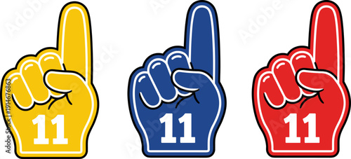 Foam finger number one hand sign set, colorful sports fan glove vector illustration isolated on white background for competition event support