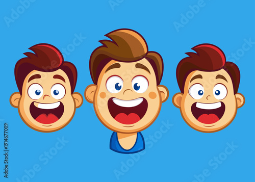 Three cartoon boy heads with happy expressions and wide smiles on a bright blue background.