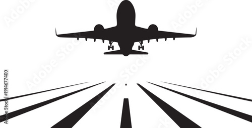 Black airplane silhouette flying over runway lines