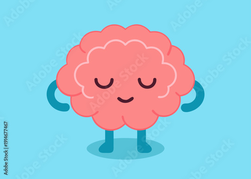 A cute cartoon brain mascot character with a happy sleepy expression stands on a light blue background.