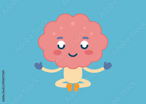 Cute cartoon brain character meditating in a cross legged yoga pose on a blue background