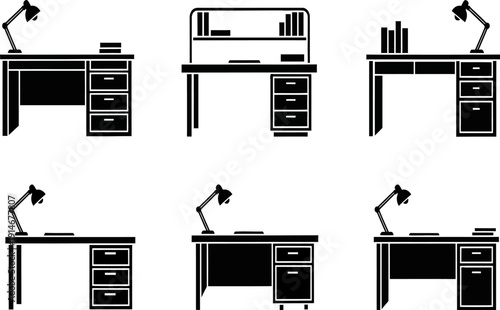 Variety of home office desks with drawers and lamps
