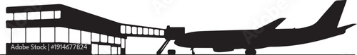 Black and white airplane boarding at airport terminal silhouette