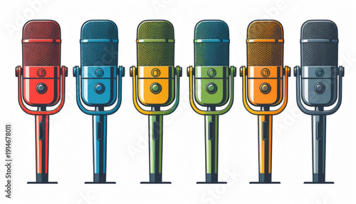 Multicolor six-stage microphones in various colors, flat illustration, minimalist vector style, clean outline, white background.