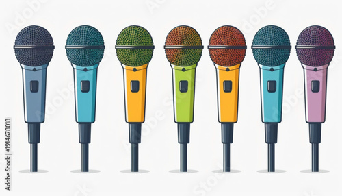 Multicolor six-stage microphones in various colors, flat illustration, minimalist vector style, clean outline, white background.