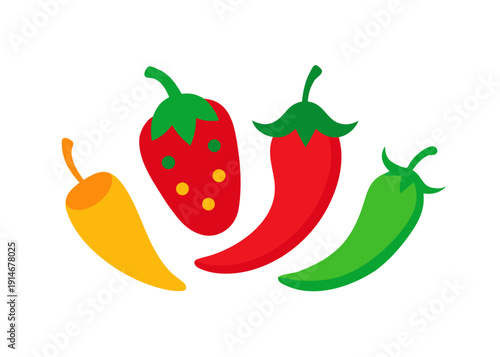 An assortment of cartoon chili and jalapeno peppers, including red, green, yellow, and a red strawberry-shaped pepper, stands together.
