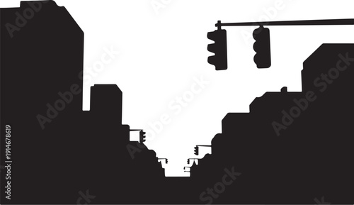 Black and white city intersection with traffic lights and buildings
