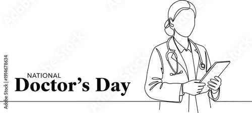 National Doctor Day celebration banner with continuous line drawing of female physician holding clipboard and wearing a stethoscope
