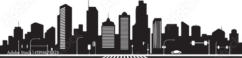 Black and white city skyline with buildings and cars