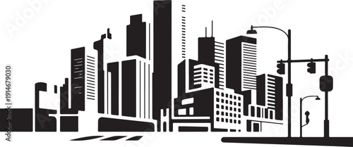 Black and white city skyline with buildings and street