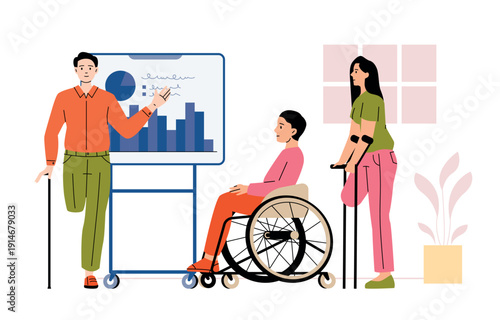 People with disabilities at work meeting. Manager illustrating data on whiteboard. Accessible support tools. Empowerment and collaboration theme in team presentation. Flat vector illustration
