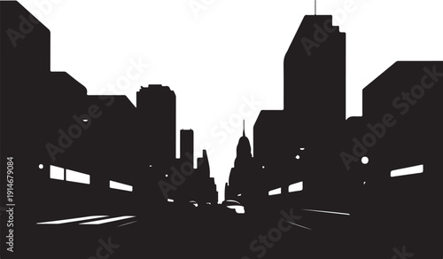 Black and white city skyline with buildings and streetlights