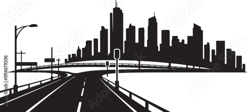 Black and white city skyline with highway and streetlights