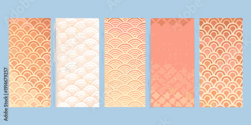 Four vertical panels displaying ornate coral colored koi fish scale patterns