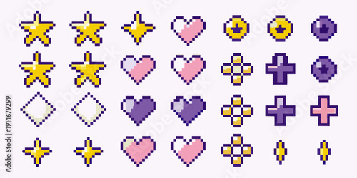 Collection of colorful pixel art icons stars hearts diamonds and crosses