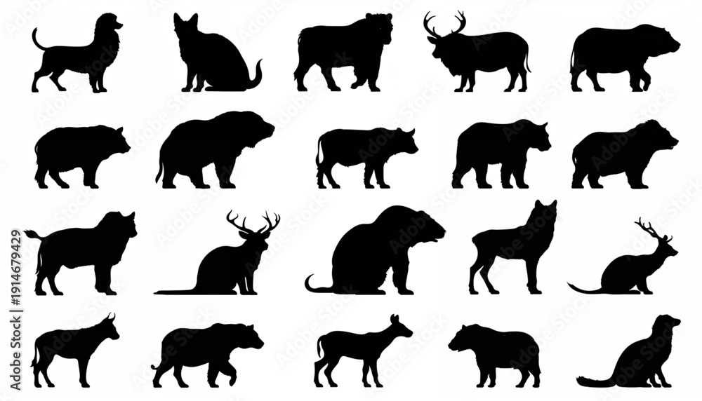 Obraz premium Collection of Wild Animal Silhouettes Isolated on White Background