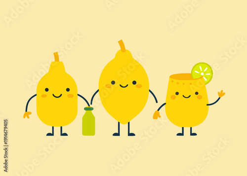 Happy cartoon lemon characters including a lemon drink with a lime slice, holding hands on a yellow background.