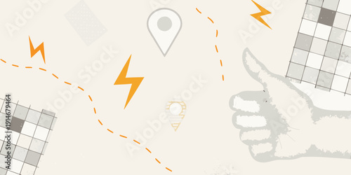 Illustration of a location pin lightning bolts and a thumbs up hand
