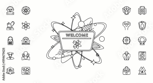 Atom Icon with Welcome Sign and Symbols.
