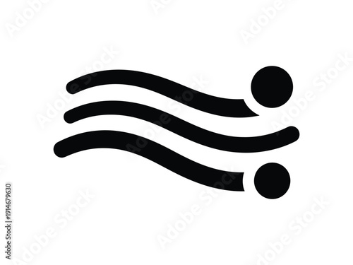 Abstract representation of wind or air flow with three wavy lines and two circles, symbolizing movement, nature, and weather.