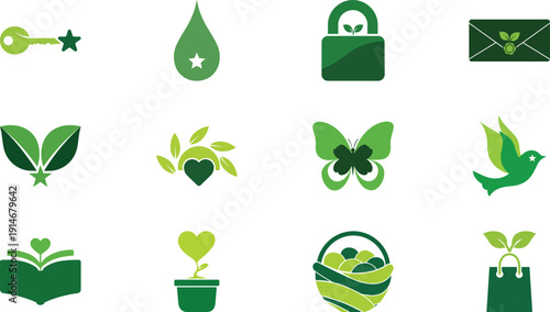 A professional bundle of green eco-friendly icons featuring symbols of nature, sustainability, and growth such as leaves, hearts, and organic lifestyle elements.