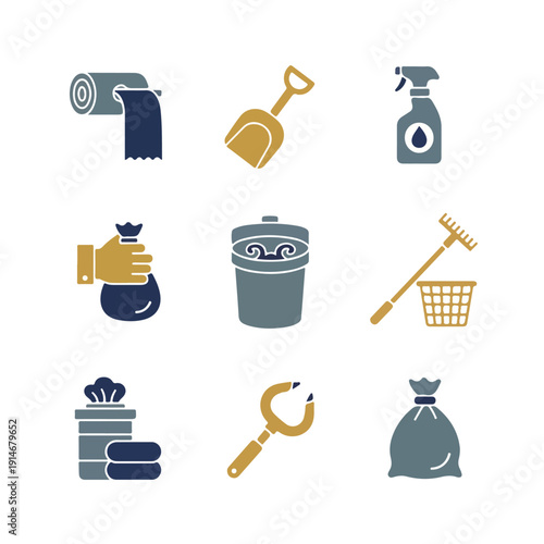 This vector image presents nine graphic icons related to household cleaning, waste disposal, and gardening activities.