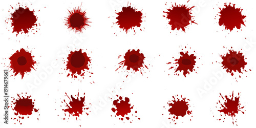A collection of realistic digitally created blood splatter shapes on white