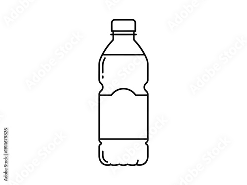 Outline illustration of a single-use plastic water bottle with a blank label, clean and simple design