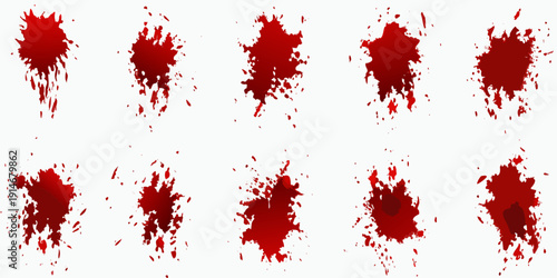 A collection of abstract irregularly shaped red blood splatters on white