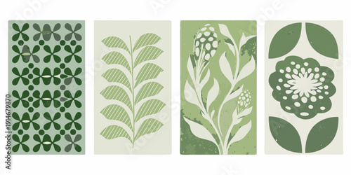 Four rectangular panels featuring botanical illustrations in shades of green