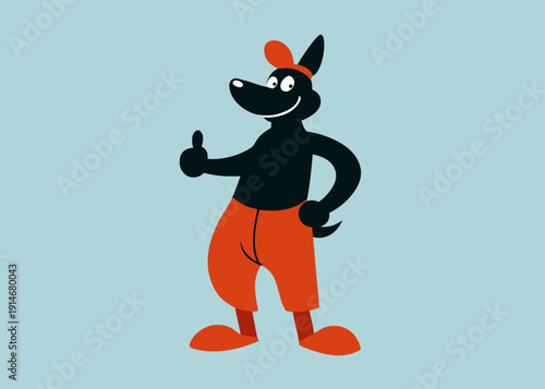 A vintage-style black dog character in red shorts and a cap stands giving a happy thumbs-up gesture.