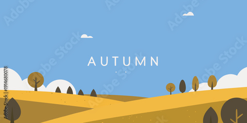 Minimalist autumn landscape with stylized trees and a clear blue sky