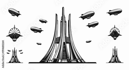 Futuristic Architecture Design with Blimps and Towers.