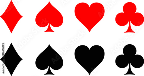 Playing card suits icons set with hearts diamonds clubs and spades, red and black casino poker symbols isolated on white background