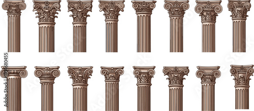 Set of classical Corinthian and Ionic column capitals, antique Greek and Roman architectural pillars collection, vintage engraved vector illustration isolated on light background